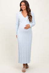 Light Blue Wide Ribbed Knit Collared Maternity Midi Dress