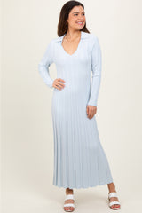 Light Blue Wide Ribbed Knit Collared Maternity Midi Dress