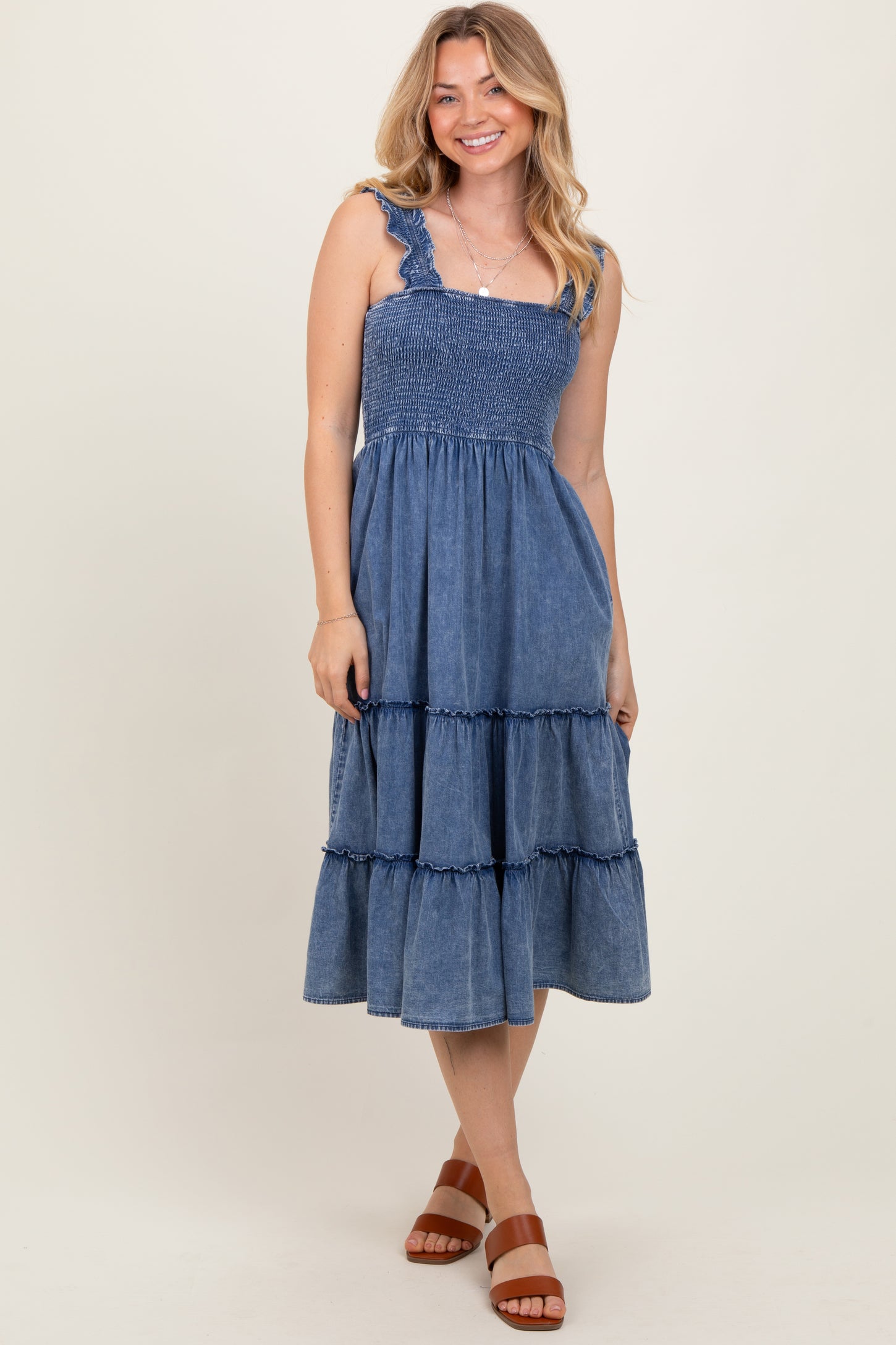 Blue Chambray Smocked Ruffle Tiered Midi Dress