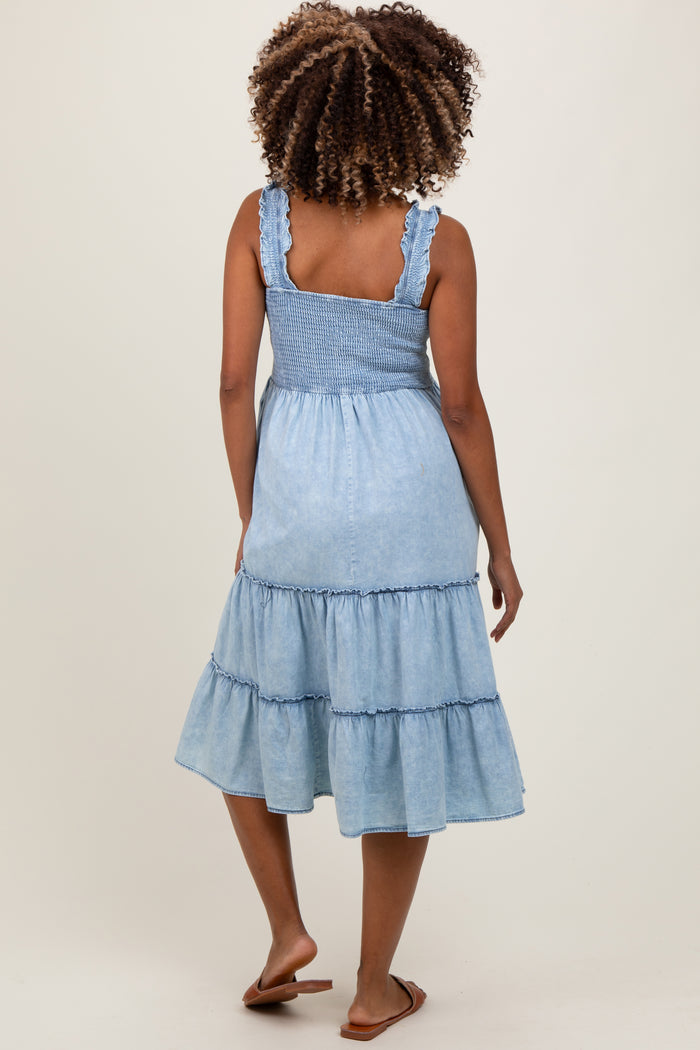 Light Blue Chambray Smocked Ruffle Tiered Maternity Midi Dress