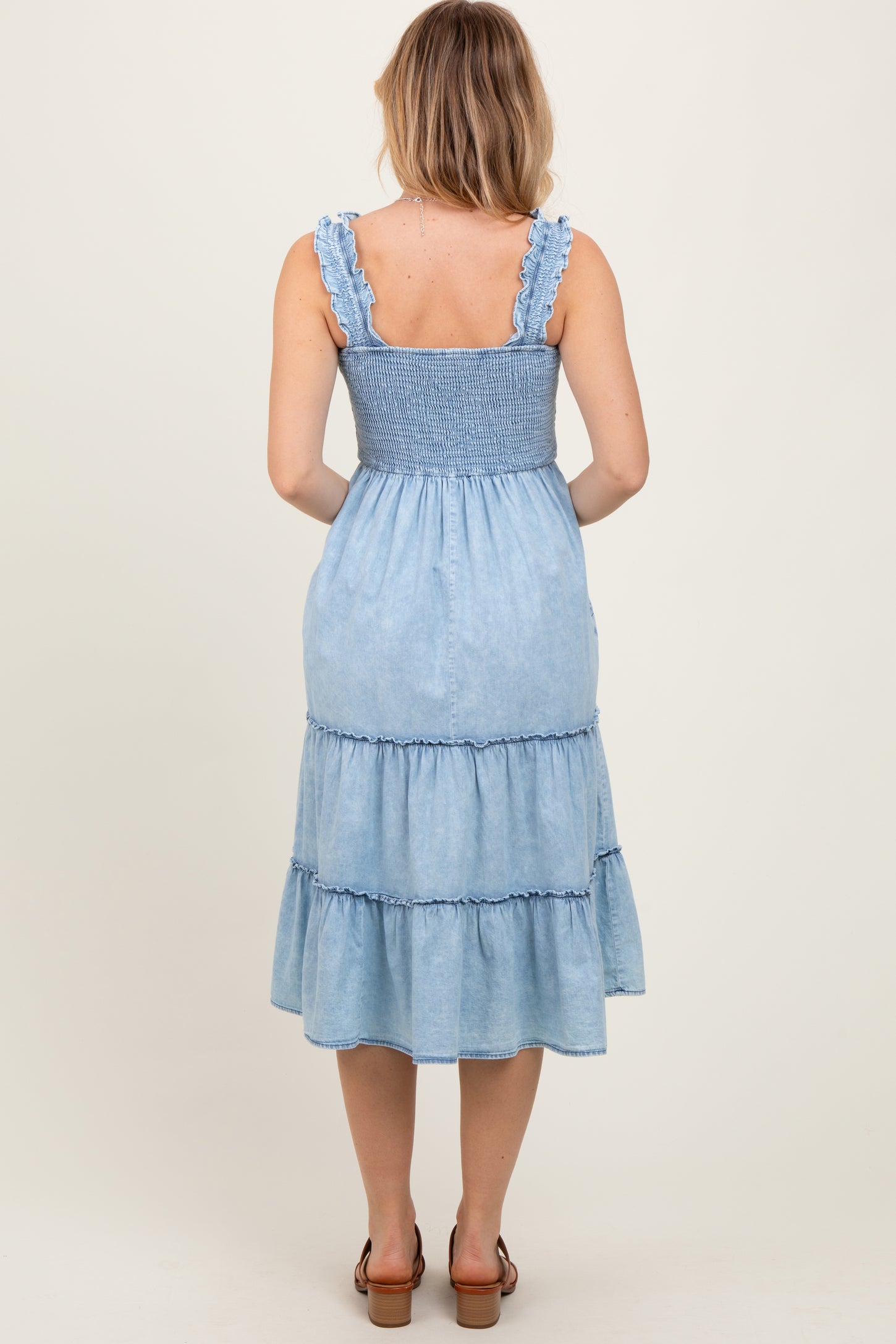 Light Blue Chambray Smocked Ruffle Tiered Midi Dress