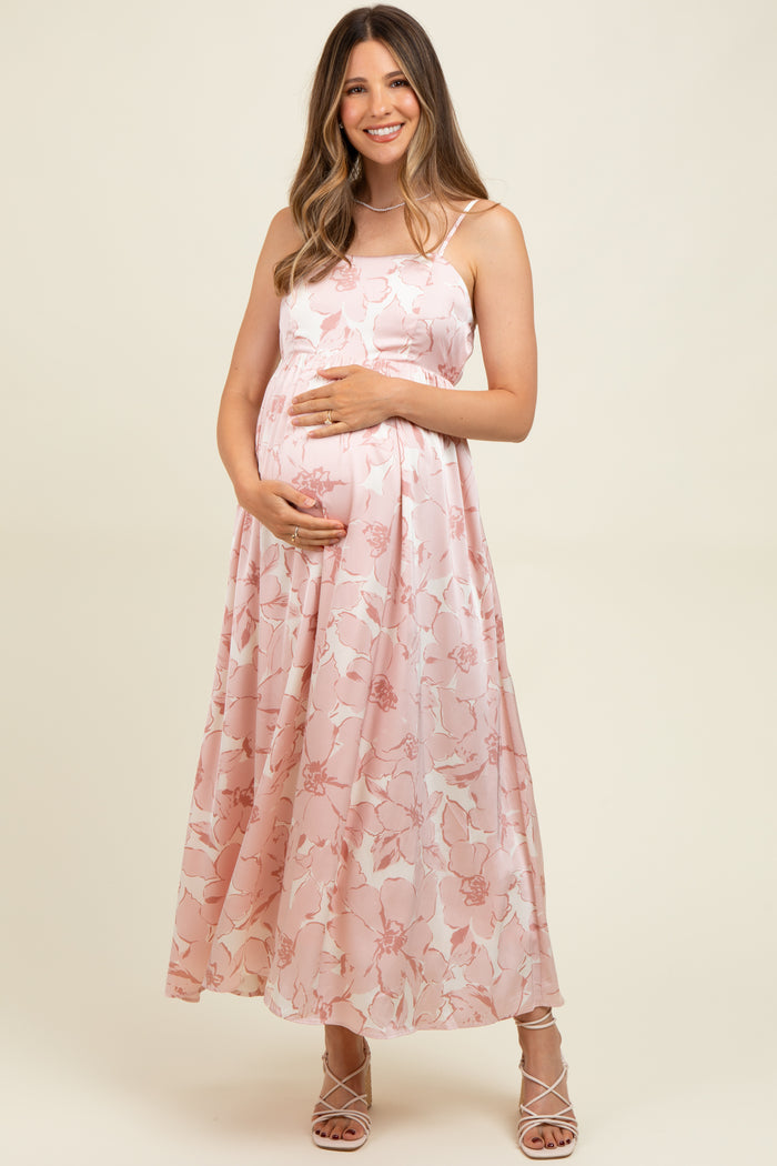 Pink Floral Sleeveless Maternity Maxi Dress