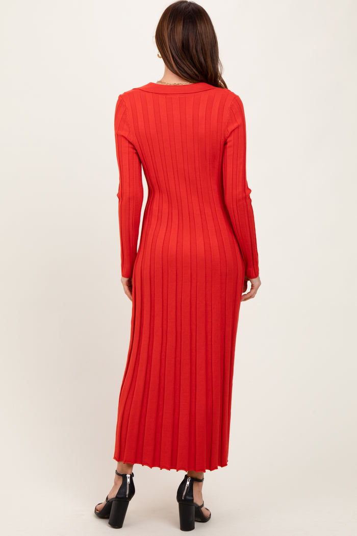 Red Wide Ribbed Knit Collared Midi Dress