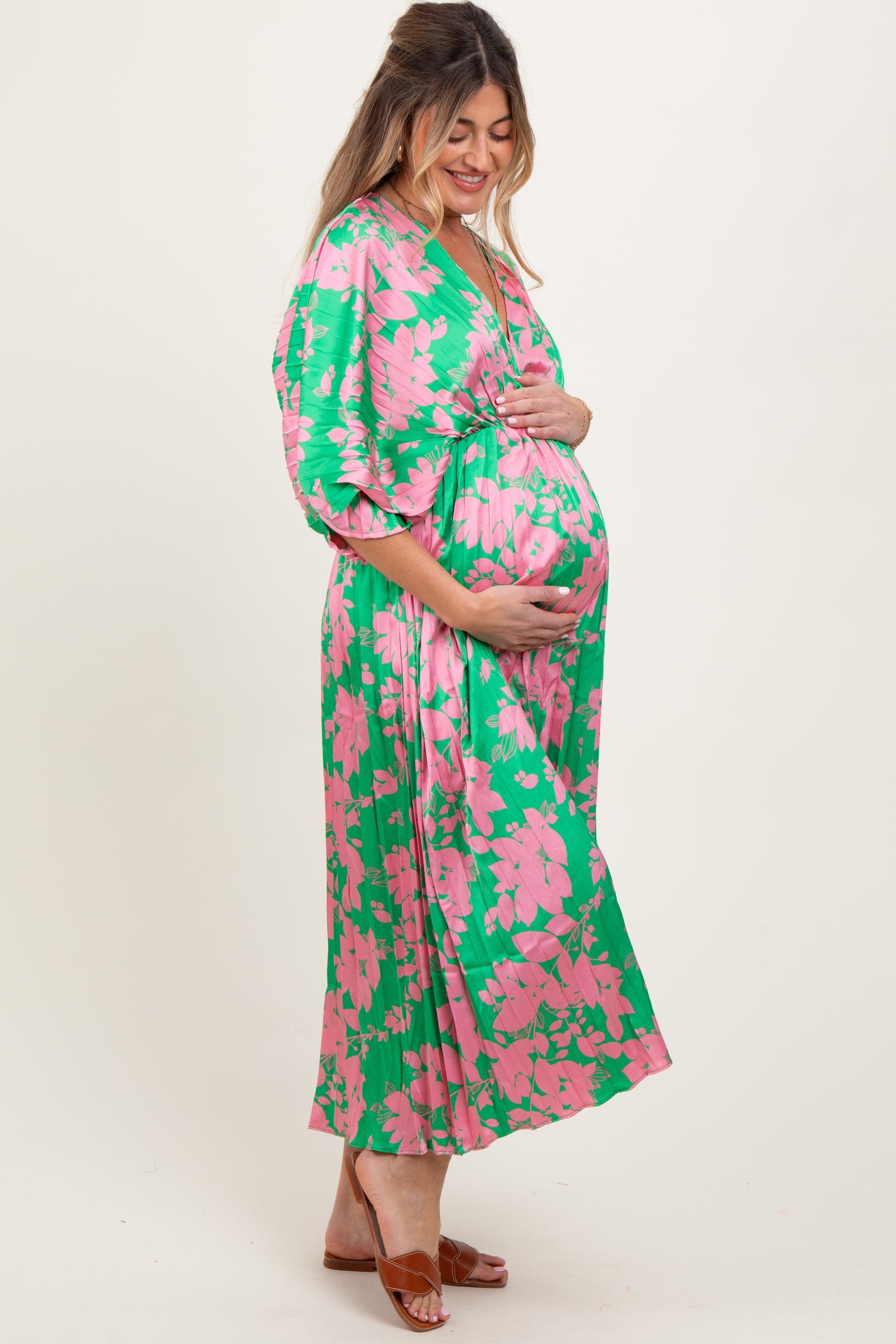 Green Floral Satin Pleated V-Neck Maternity Maxi Dress