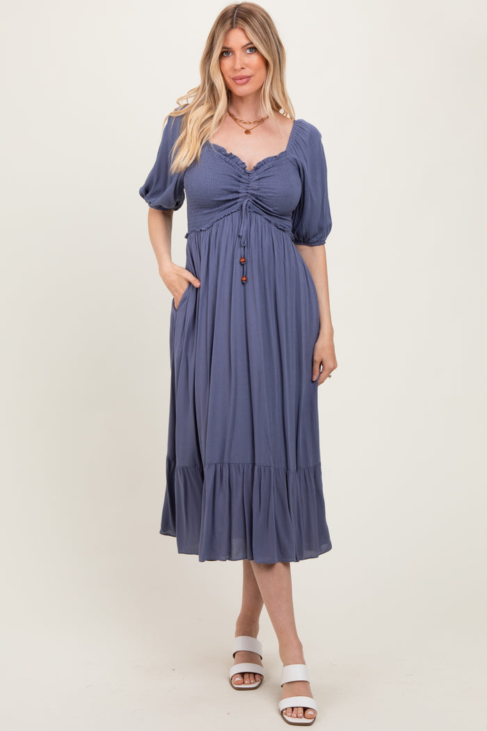 Blue Smocked Cinched Front Maxi Dress