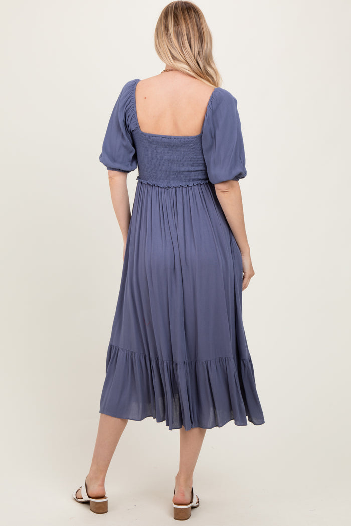 Blue Smocked Cinched Front Maxi Dress