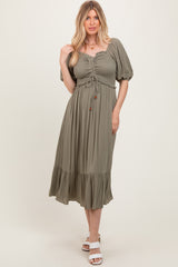 Olive Smocked Cinched Front Maxi Dress