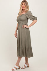 Olive Smocked Cinched Front Maxi Dress