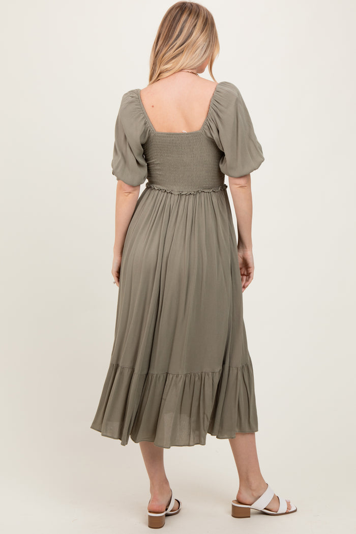 Olive Smocked Cinched Front Maxi Dress