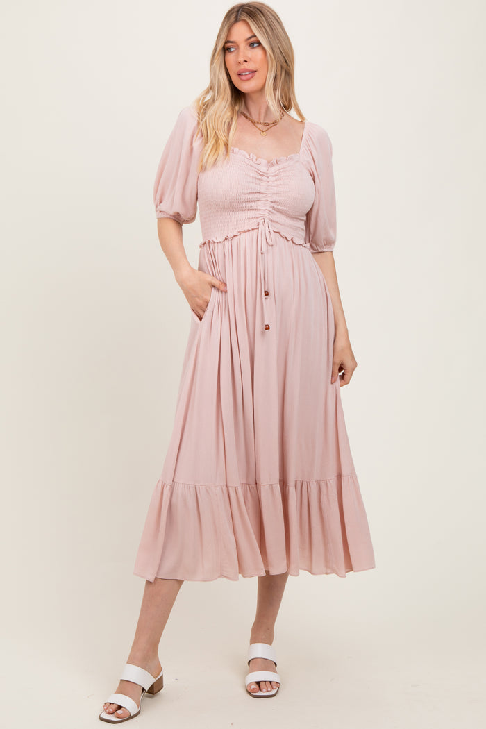 Light Pink Smocked Cinched Front Maternity Maxi Dress