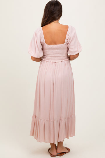 Light Pink Smocked Cinched Front Maternity Maxi Dress