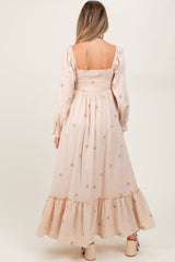 Cream Long Sleeve Floral Accent Maternity Dress