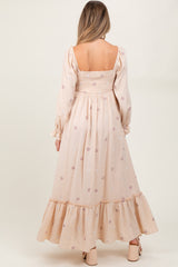 Cream Long Sleeve Floral Accent Maternity Dress