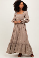 Grey Taupe Long Sleeve Floral Accent Maternity Dress