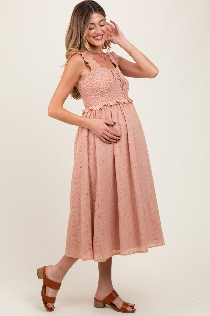 Peach Eyelet Sleeveless Maternity Midi Dress
