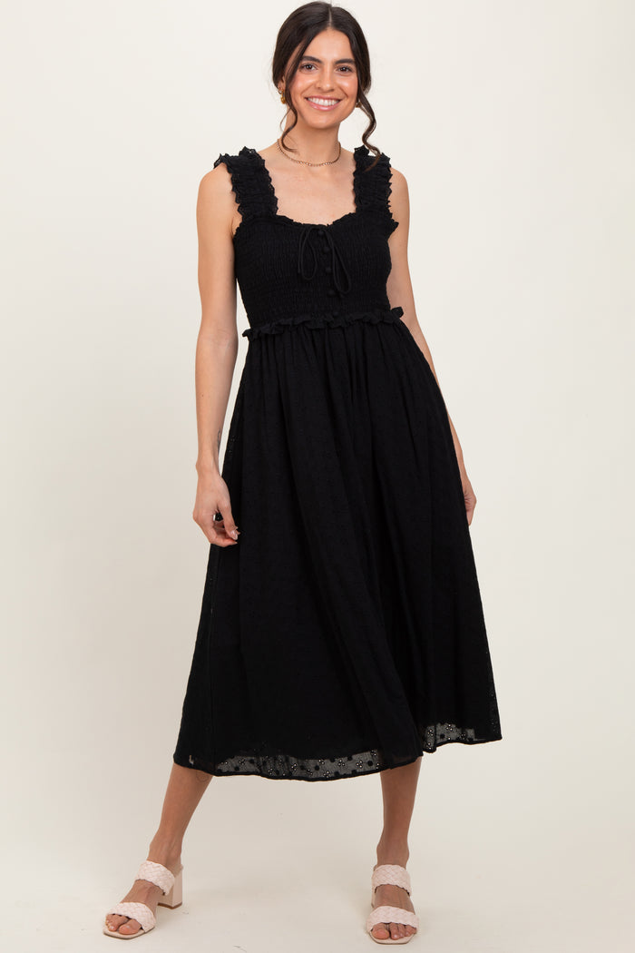 Black Eyelet Sleeveless Midi Dress