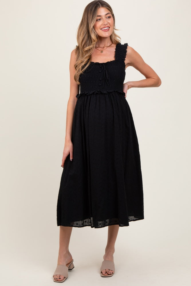 Black Eyelet Sleeveless Maternity Midi Dress