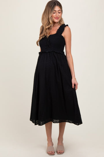 Black Eyelet Sleeveless Maternity Midi Dress