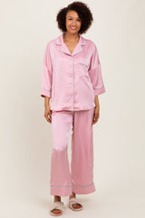 Pink Satin Contrast Trim Pajama Pant Maternity Set