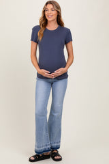 Light Blue Distressed Release Hem Flare Maternity Jeans