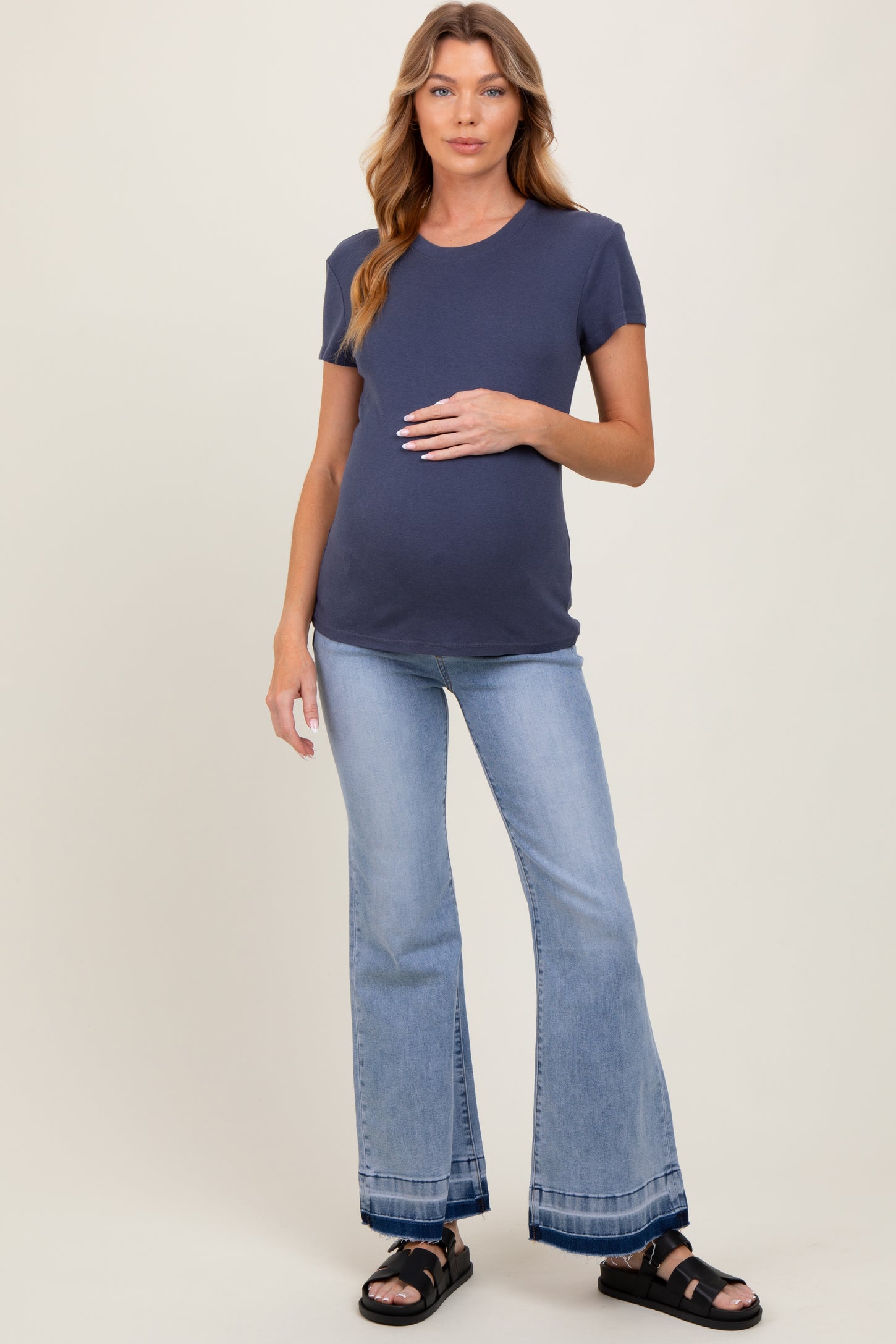 Light Blue Distressed Release Hem Flare Maternity Jeans