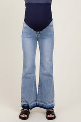 Light Blue Distressed Release Hem Flare Maternity Jeans