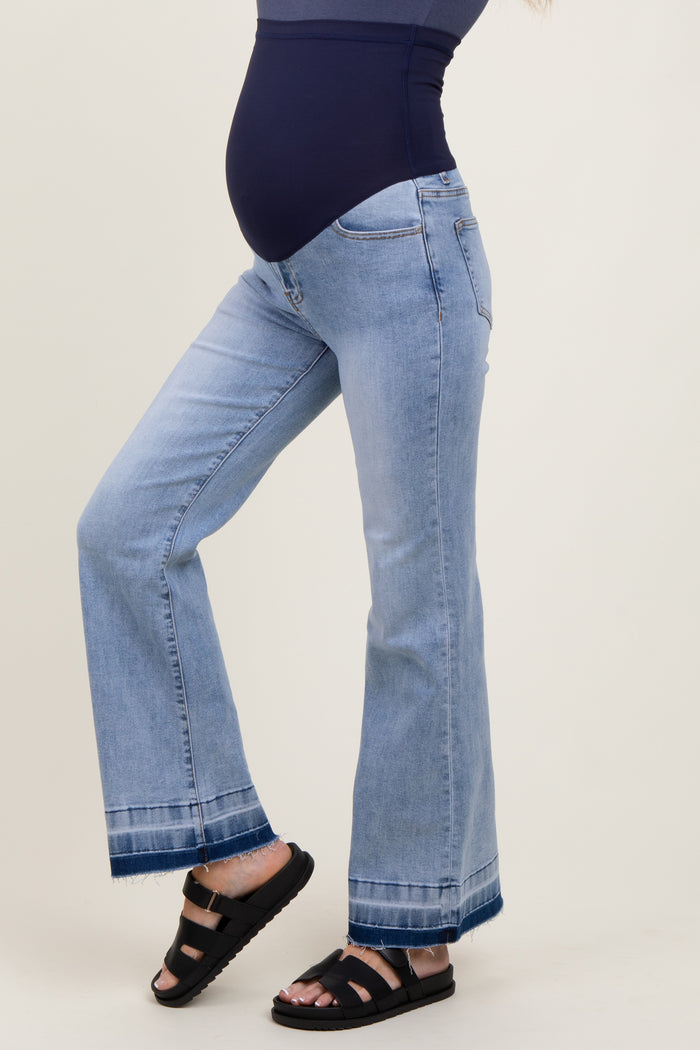 Light Blue Distressed Release Hem Flare Maternity Jeans