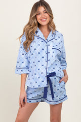 Light Blue Bow Print Gingham Pajama Short Maternity Set