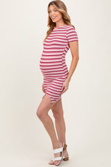 Burgundy Striped Ribbed Split Hem Maternity Mini Dress