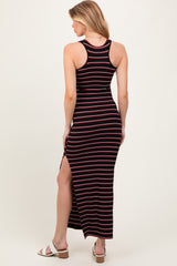 Black Red Striped Side Slit Maternity Maxi Dress
