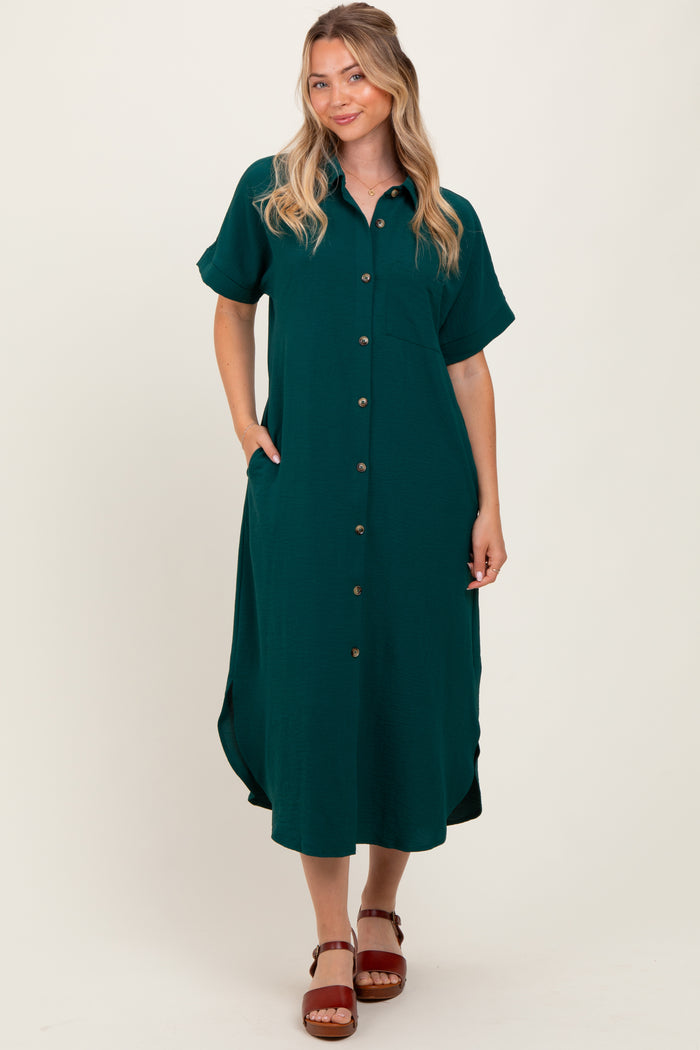 Royal Blue Button Down Front Pocket Midi Dress