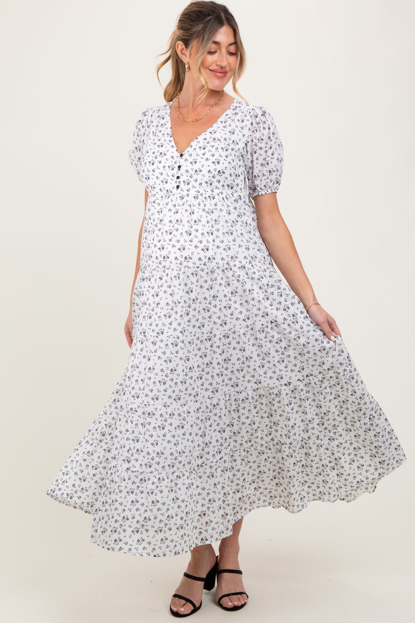 Ivory Tiered Floral Maternity Maxi Dress