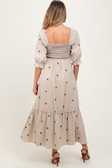 Taupe Gauze Smocked Embroidered Square Neck Maternity Midi Dress