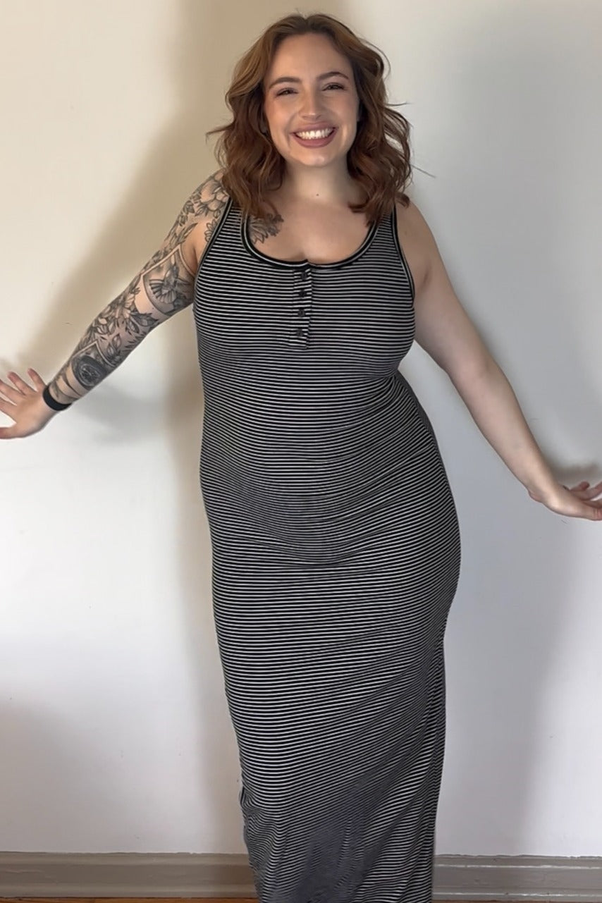 Black Striped Button Front Sleeveless Maternity Maxi Dress