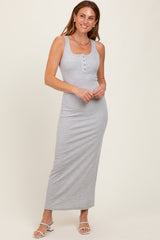 Heather Grey Striped Button Front Sleeveless Maxi Dress