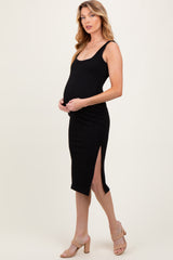 Black Ribbed Knit Low Back Maternity Midi Dress