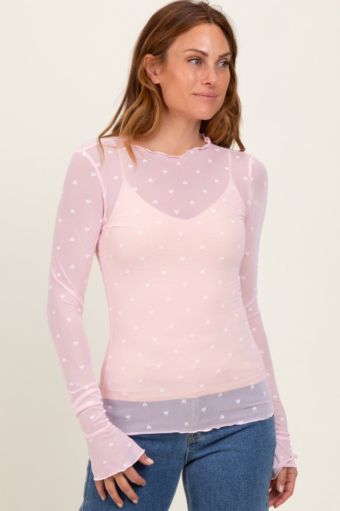 Light Pink Mesh Heart High Neck Long Sleeve Top