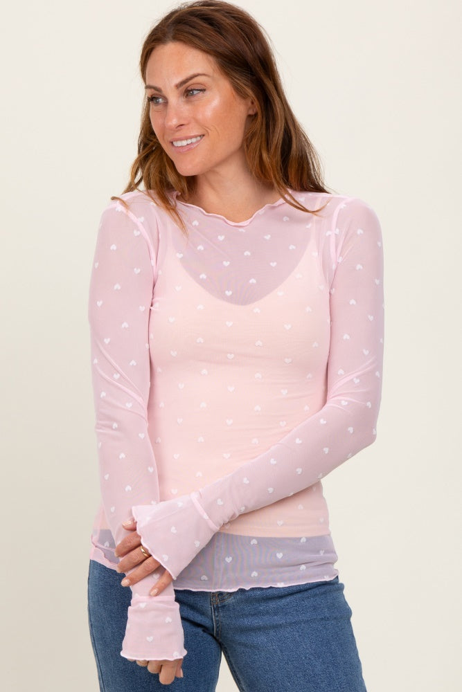 Light Pink Mesh Heart High Neck Long Sleeve Top