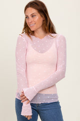 Light Pink Mesh Heart High Neck Long Sleeve Top