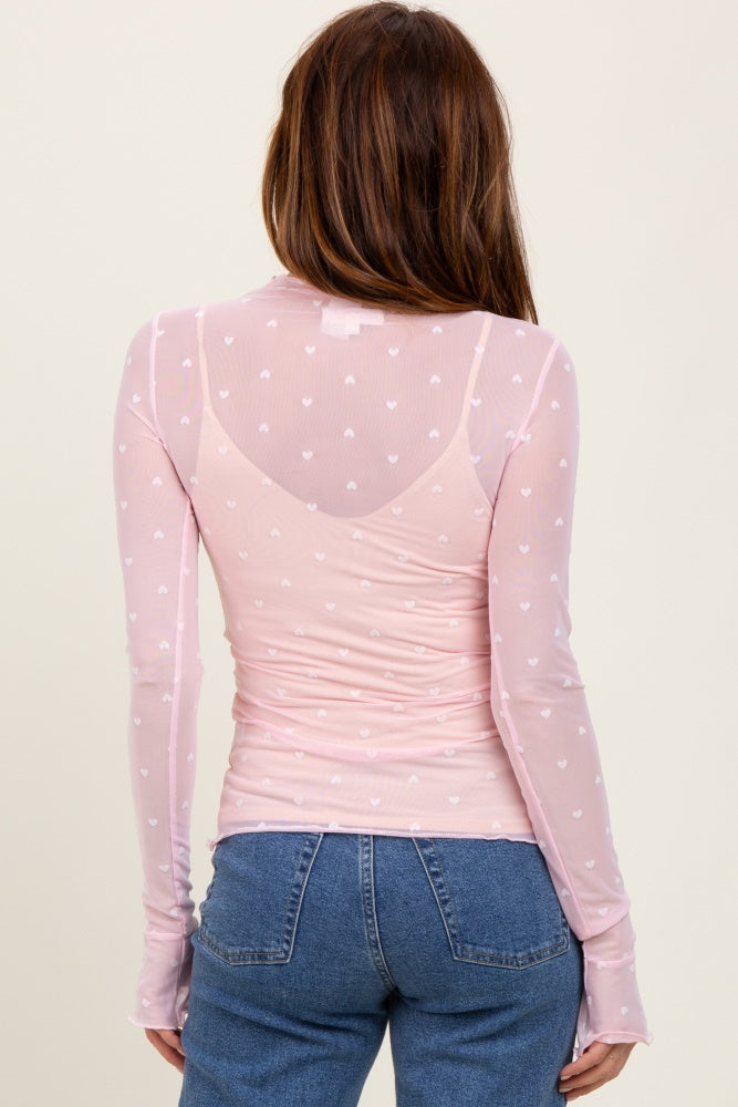 Light Pink Mesh Heart High Neck Long Sleeve Top