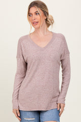Beige Basic V-Neck Long Sleeve Brushed Knit Maternity Top