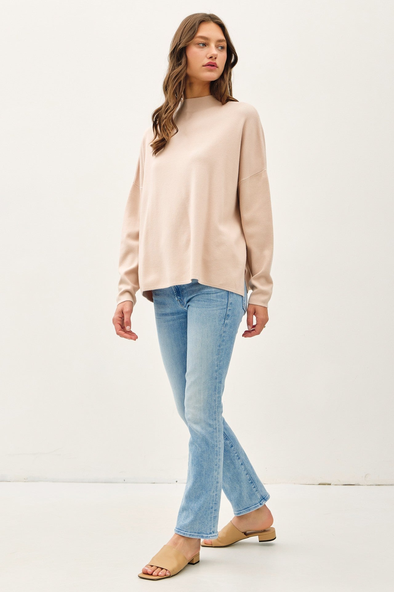Beige Relaxed Fit Mock Neck Sweater
