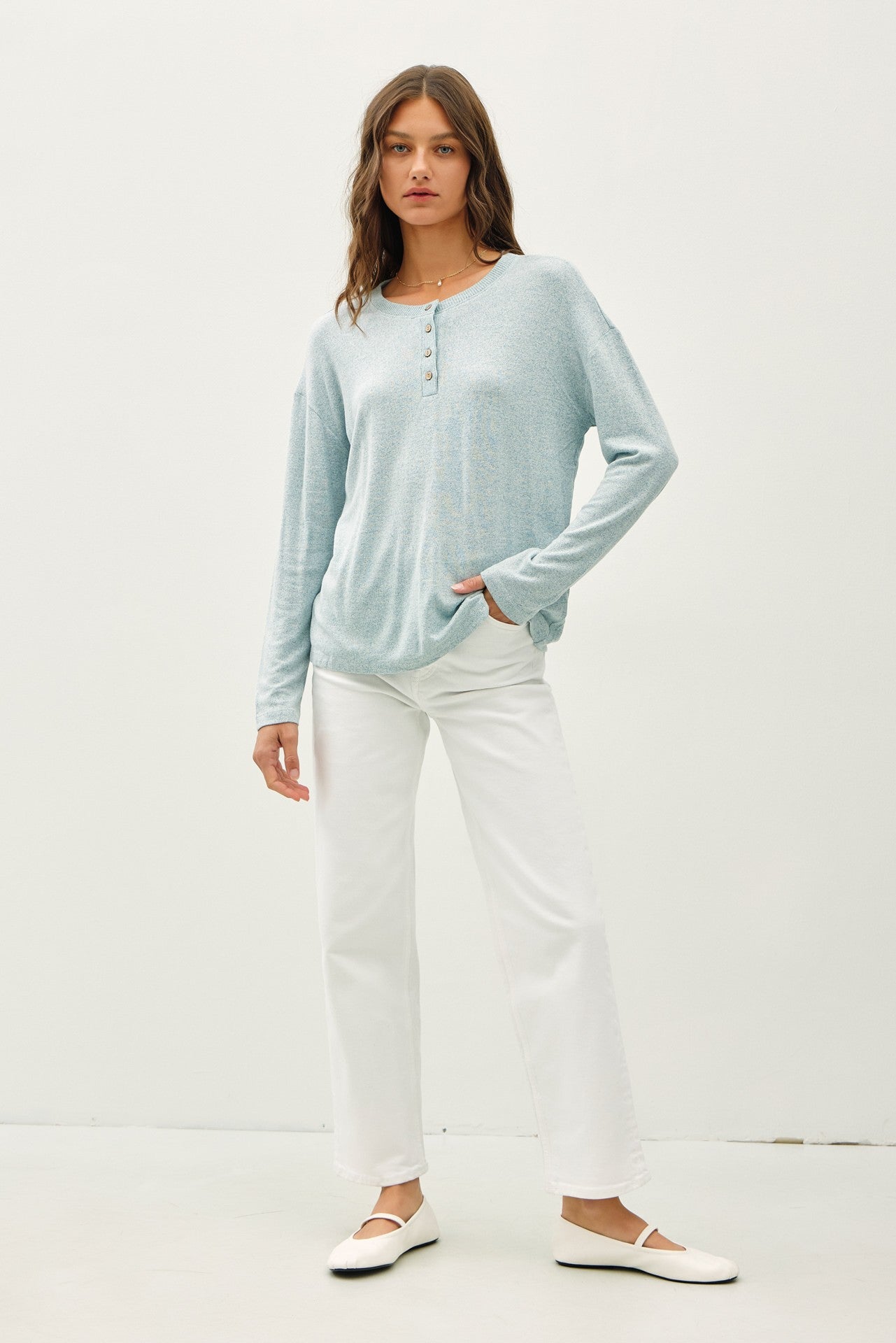 Light Blue Brushed Knit Henley Top