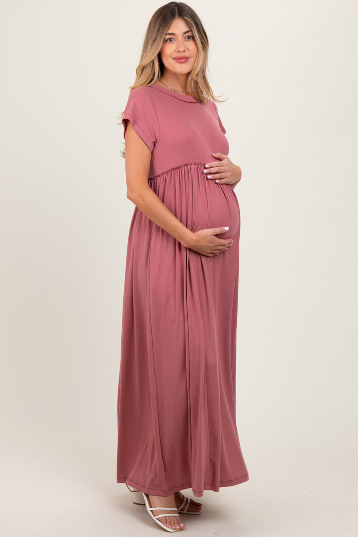 Mauve Short Sleeve Pocketed Maternity Maxi Dress