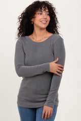 Grey Ribbed Scoop Neck Long Sleeve Top