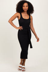 Black Ribbed Front Tie Sleeveless Midi Dress