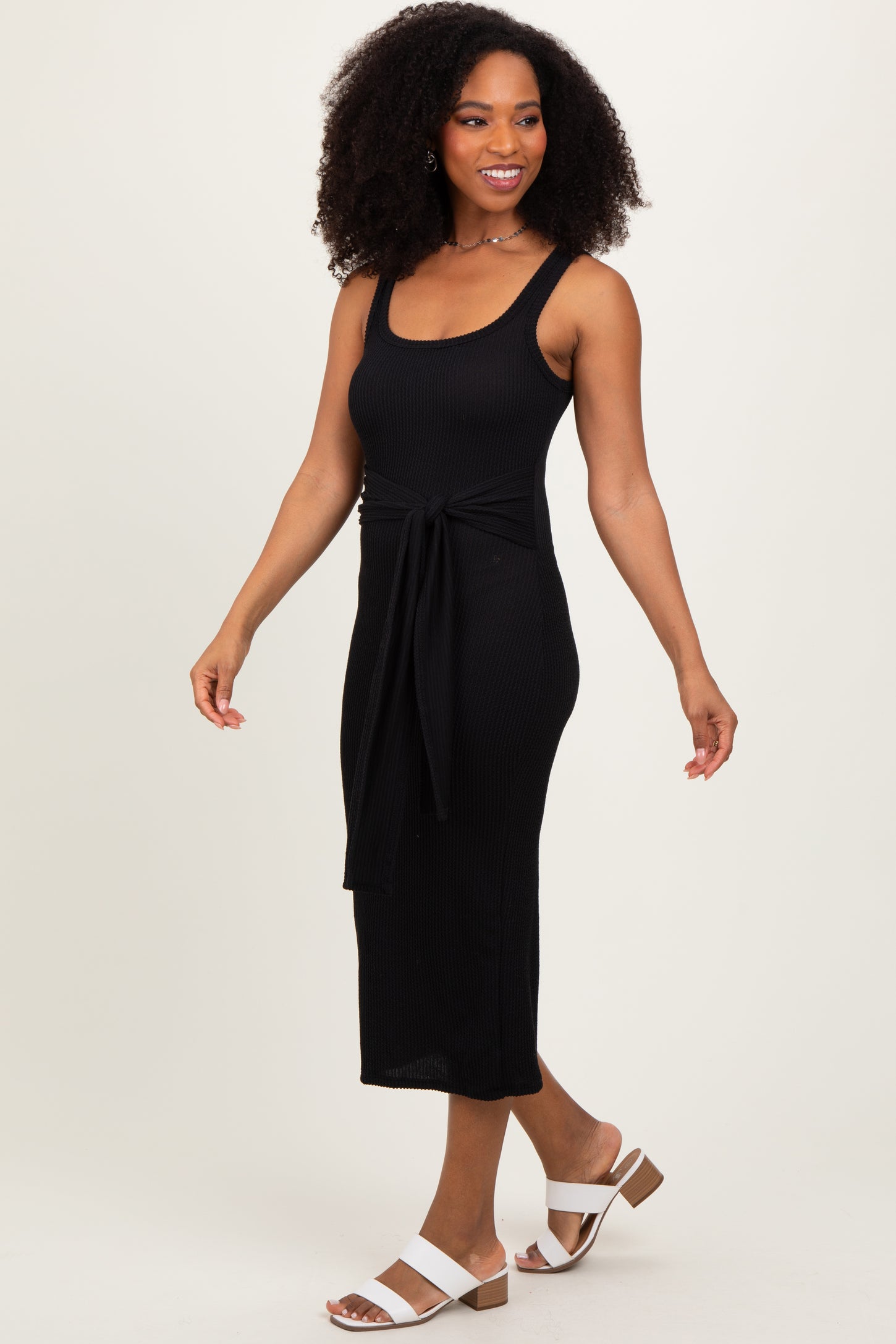 Black Ribbed Front Tie Sleeveless Midi Dress