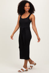 Black Ribbed Front Tie Sleeveless Midi Dress