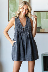 Charcoal Deep V-Neck Pleated Front Tie Sleeveless Romper