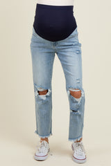 Light Blue Ripped Knee Fringe Hem Straight Leg Maternity Ankle Jeans
